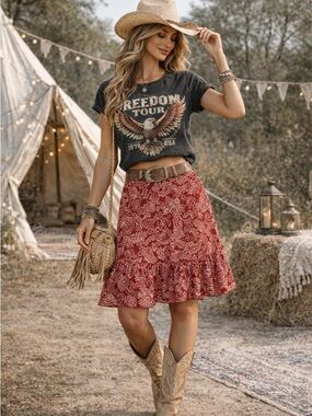 Lipstick Boho Tiered Ruffle Skirt Red Paisley Print Festival Western Knee Length